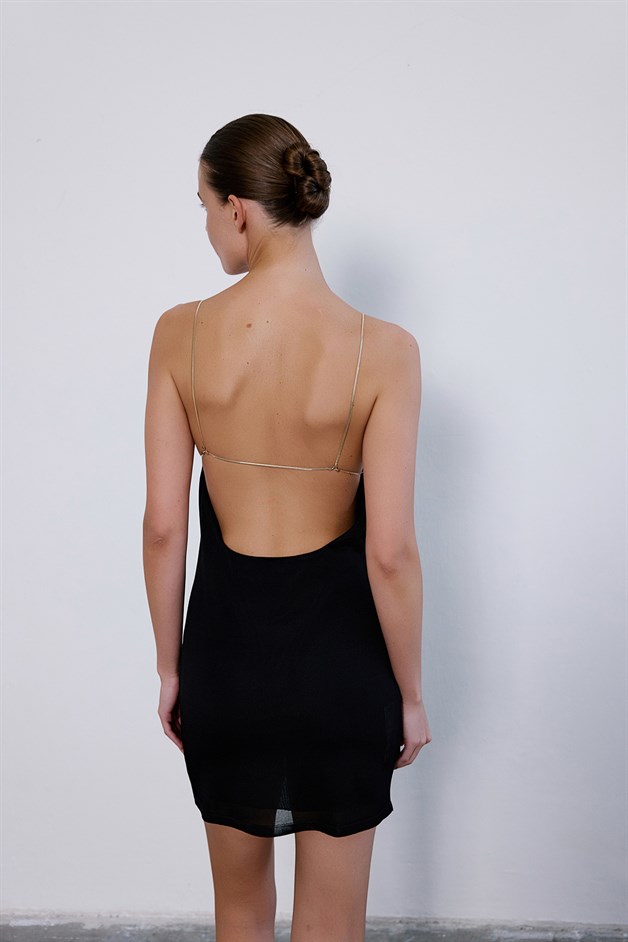 Chain Strap Knit Mini Black Dress