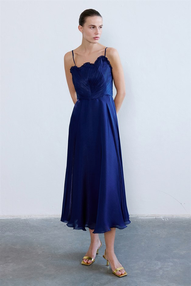 İnce Askılı Kloş Midi Lacivert Elbise