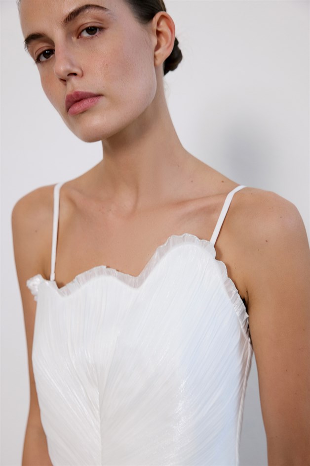 İnce Askılı Kloş Midi Ekru Elbise