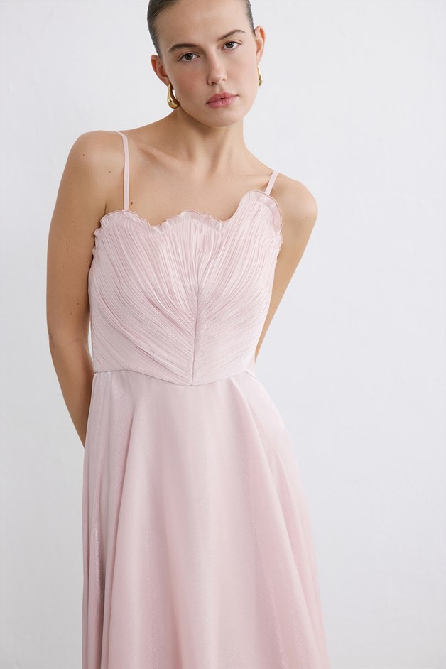 İnce Askılı Kloş Midi Pudra Elbise
