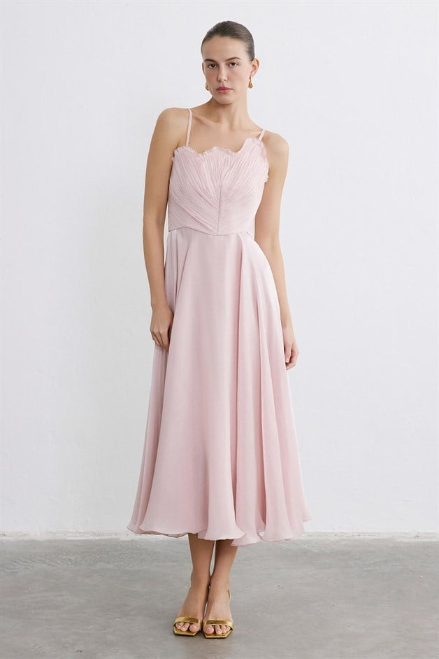 İnce Askılı Kloş Midi Pudra Elbise