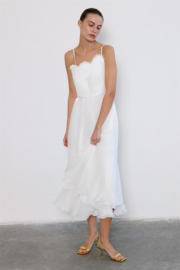 İnce Askılı Kloş Midi Ekru Elbise