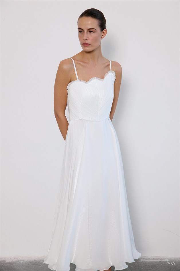 İnce Askılı Kloş Midi Ekru Elbise