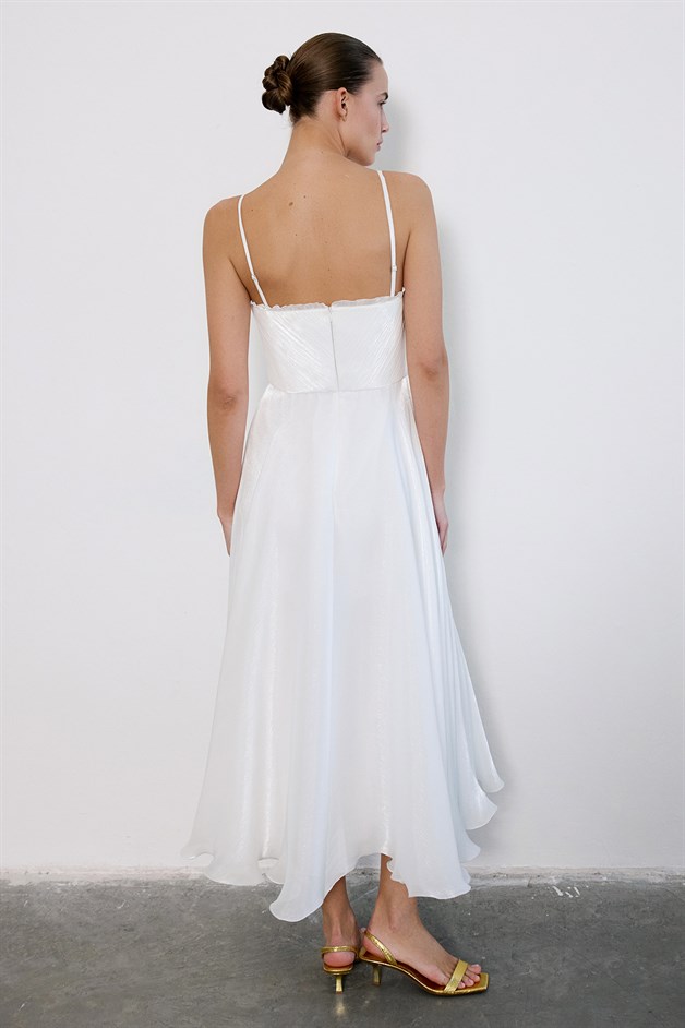 İnce Askılı Kloş Midi Ekru Elbise