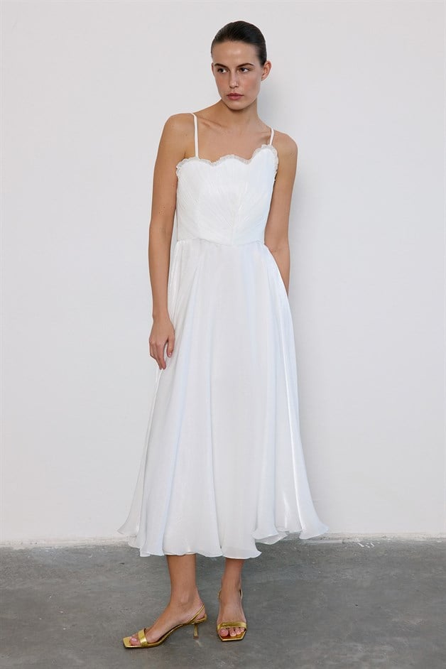 İnce Askılı Kloş Midi Ekru Elbise