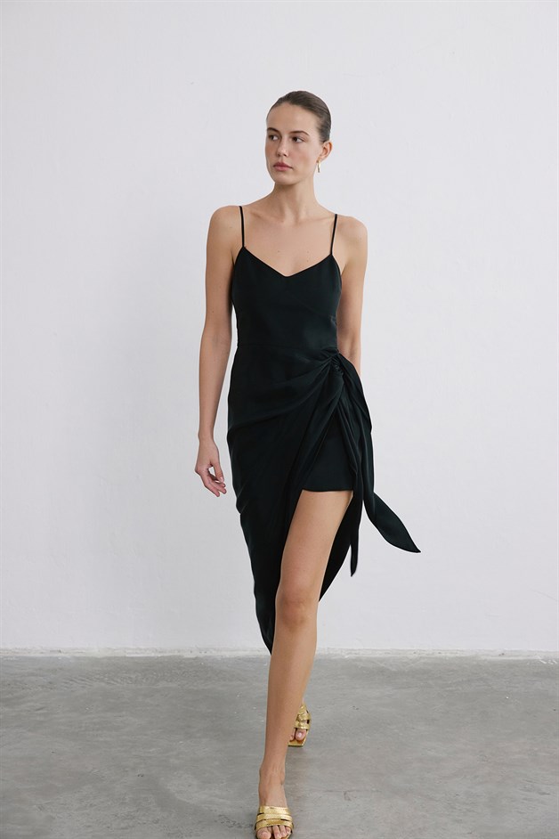 Asimetrik Bağlamalı Midi Siyah Elbise