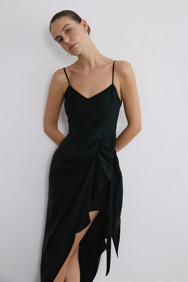 Asimetrik Bağlamalı Midi Siyah Elbise