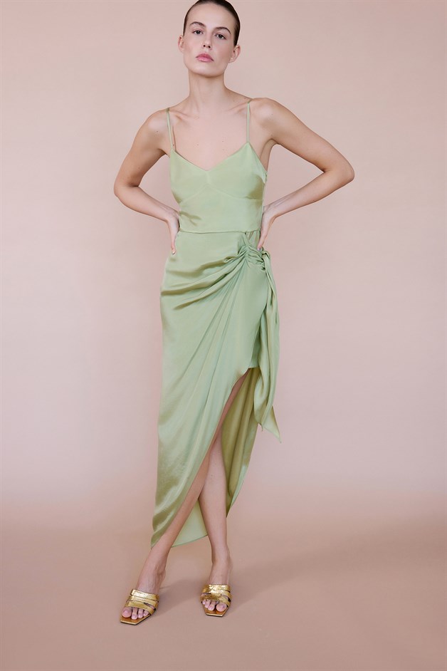 Asimetrik Bağlamalı Midi Yeşil Elbise