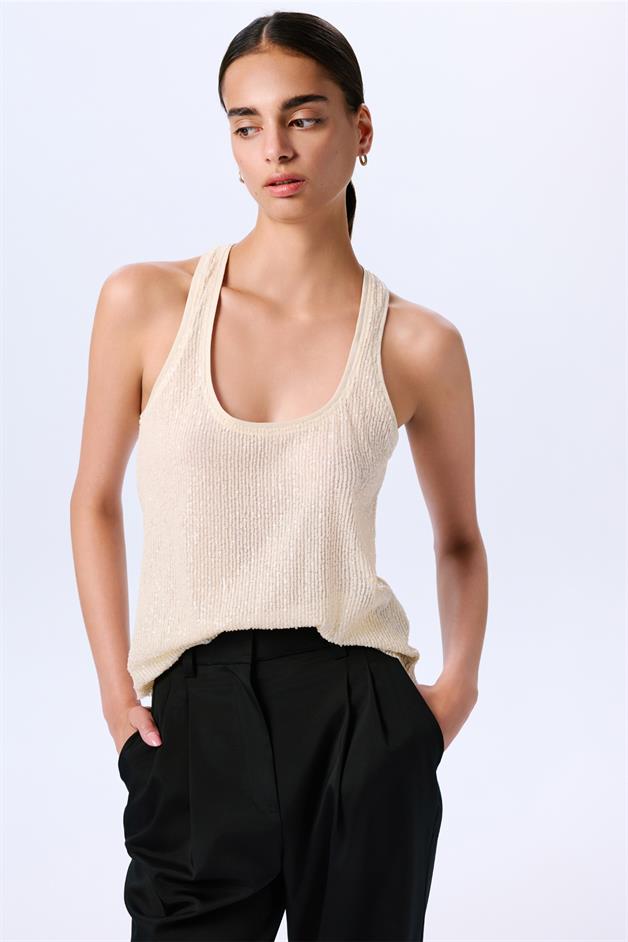 Chic Sequined Strappy Ecru Tank Top
