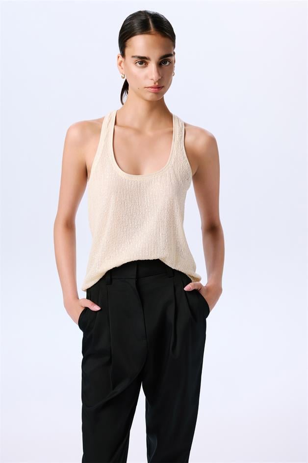 Chic Sequined Strappy Ecru Tank Top