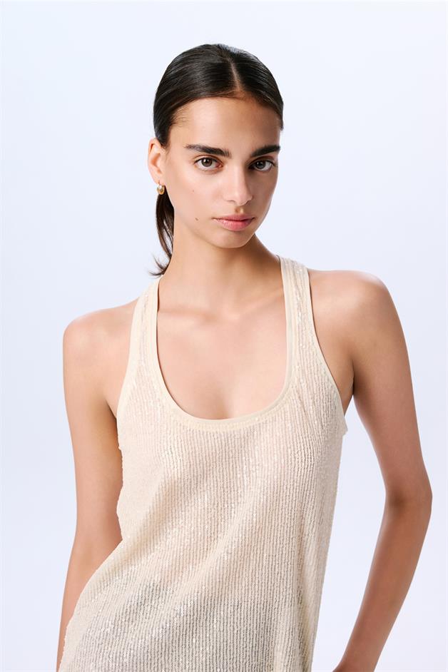 Chic Sequined Strappy Ecru Tank Top