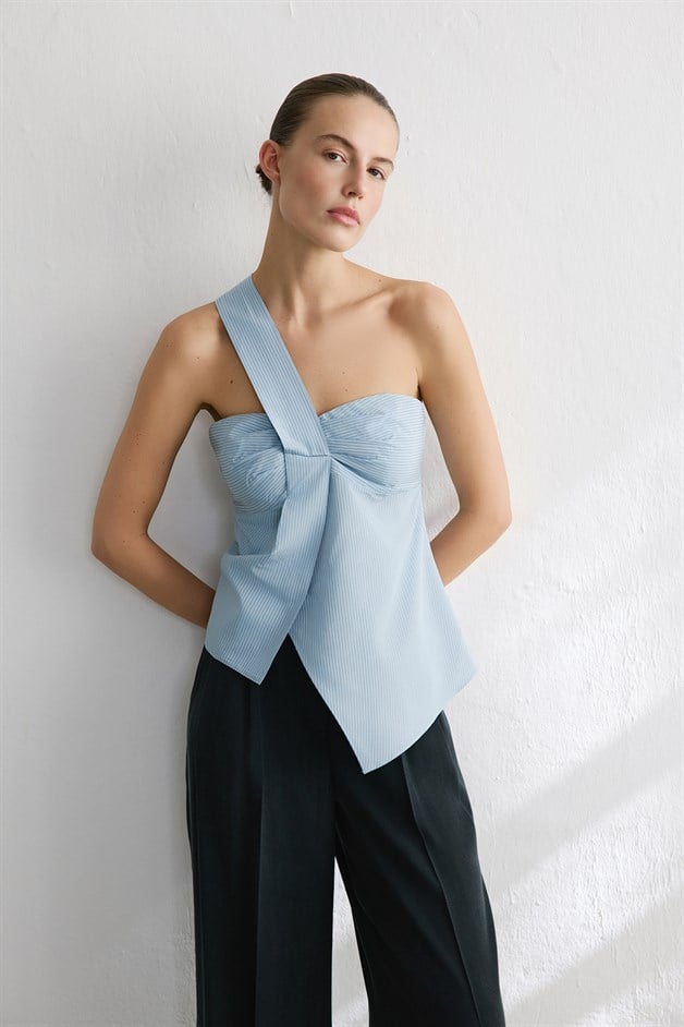 Striped One Shoulder Asymmetric Blue Blouse
