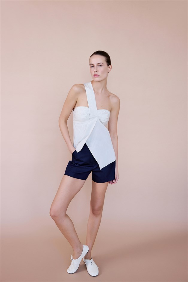 Çizgili Tek Omuz Asimetrik Ekru Bluz