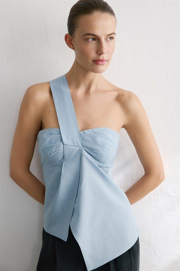 Striped One Shoulder Asymmetric Blue Blouse
