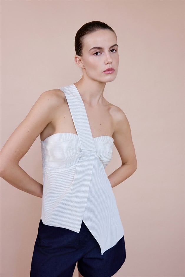 Çizgili Tek Omuz Asimetrik Ekru Bluz