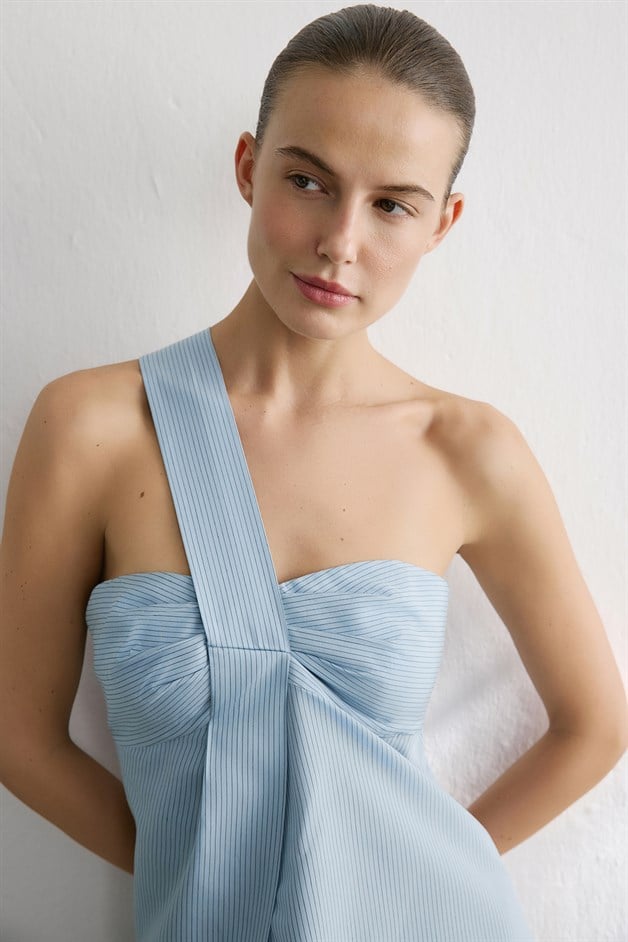 Striped One Shoulder Asymmetric Blue Blouse