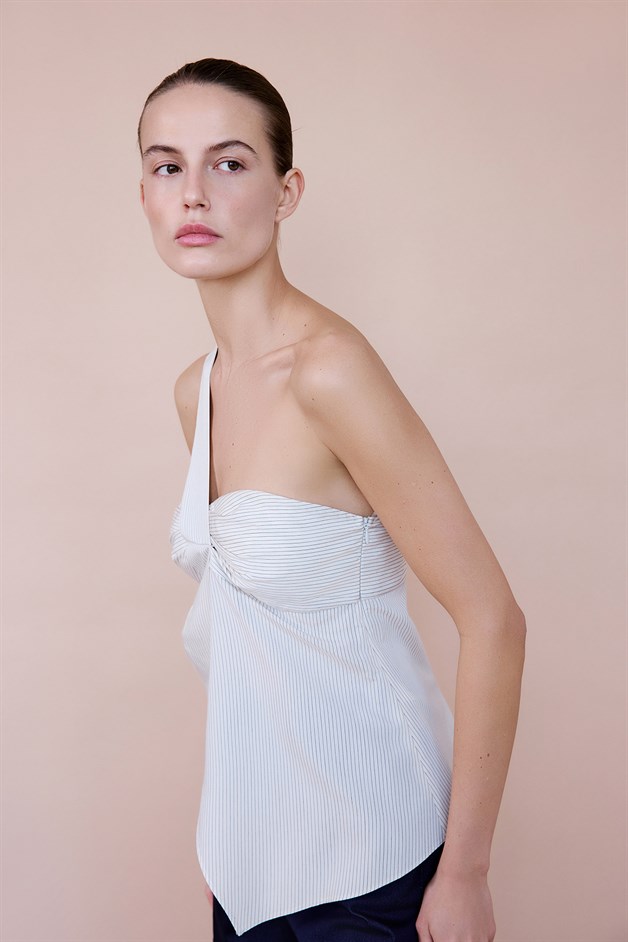 Çizgili Tek Omuz Asimetrik Ekru Bluz