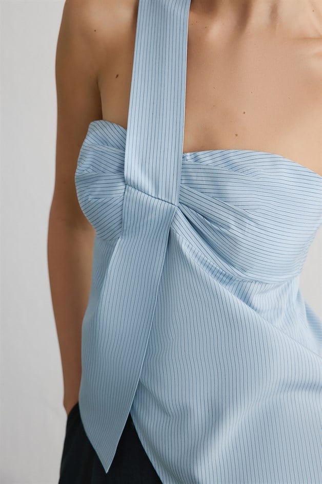 Striped One Shoulder Asymmetric Blue Blouse