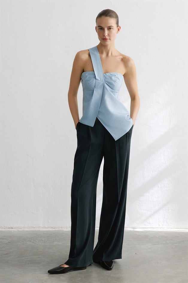 Striped One Shoulder Asymmetric Blue Blouse