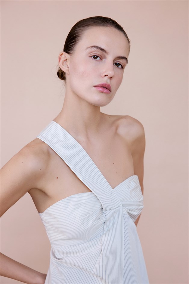 Çizgili Tek Omuz Asimetrik Ekru Bluz