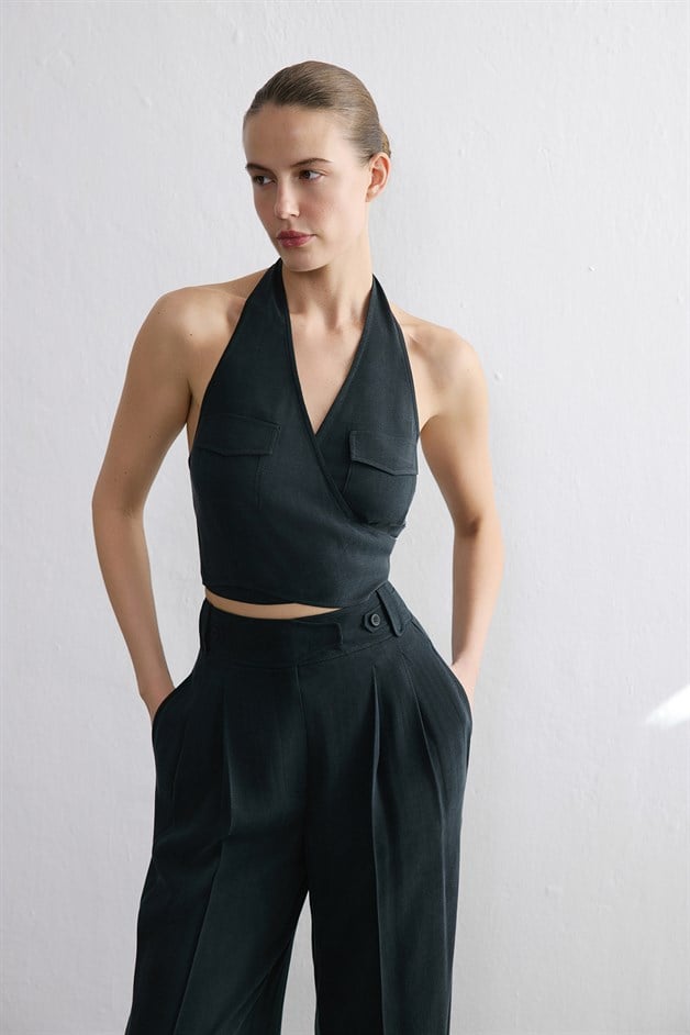 Backless Wrap Crop Black Blouse