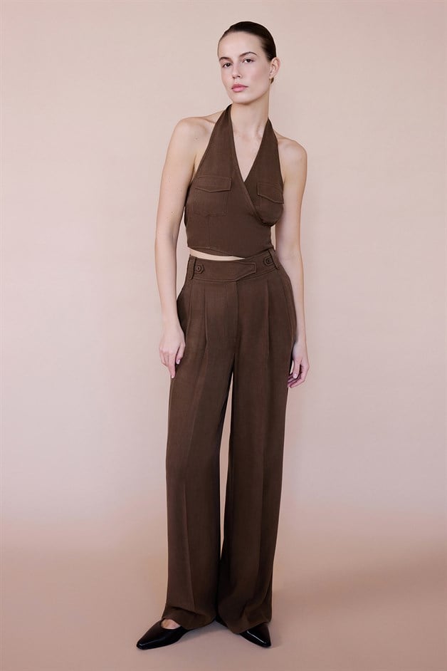 Backless Wrap Crop Brown Blouse