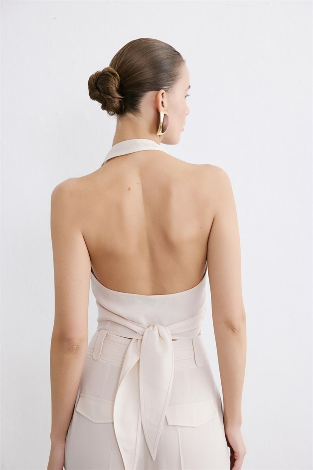 Backless Wrap Crop Beige Blouse
