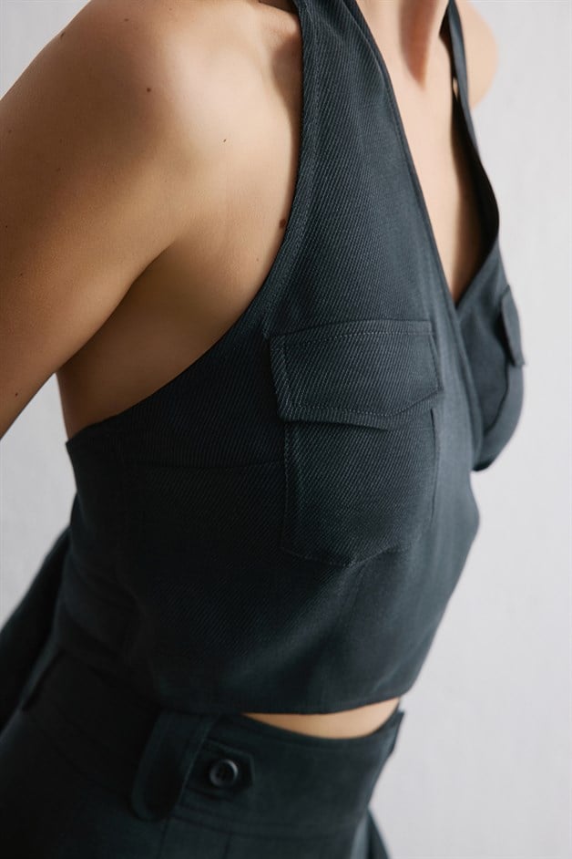 Backless Wrap Crop Black Blouse