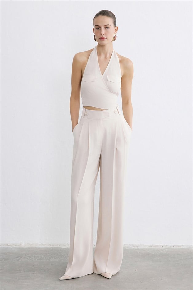 Backless Wrap Crop Beige Blouse
