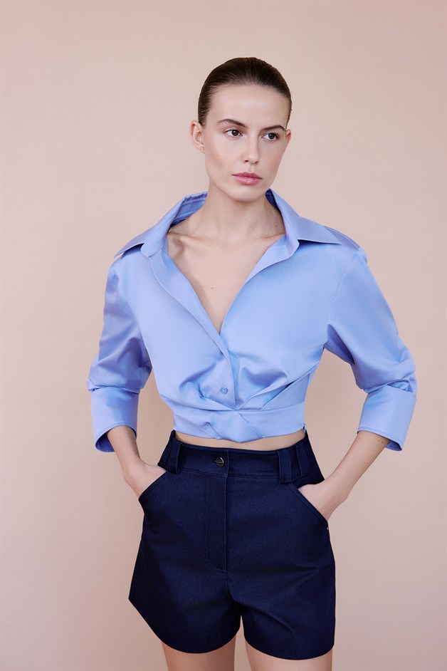 Wrap Collar Poplin Crop Blue Shirt