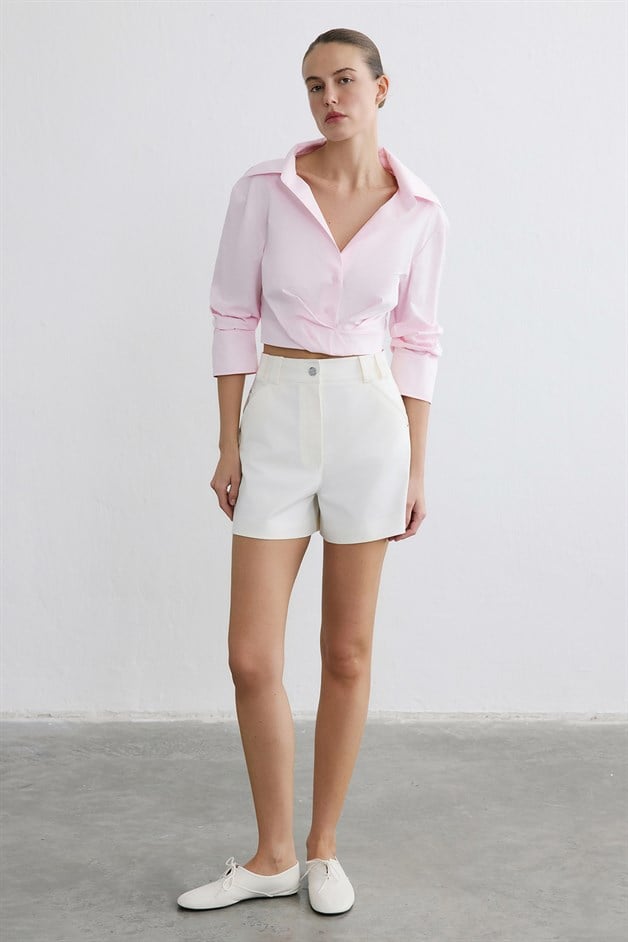 Wrap Collar Poplin Crop Pink Shirt