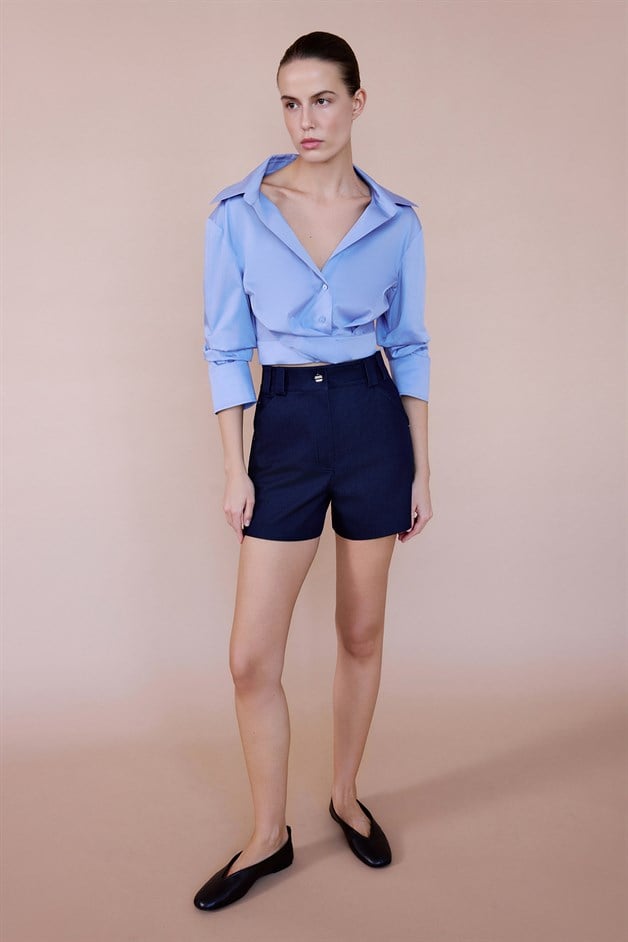 Wrap Collar Poplin Crop Blue Shirt