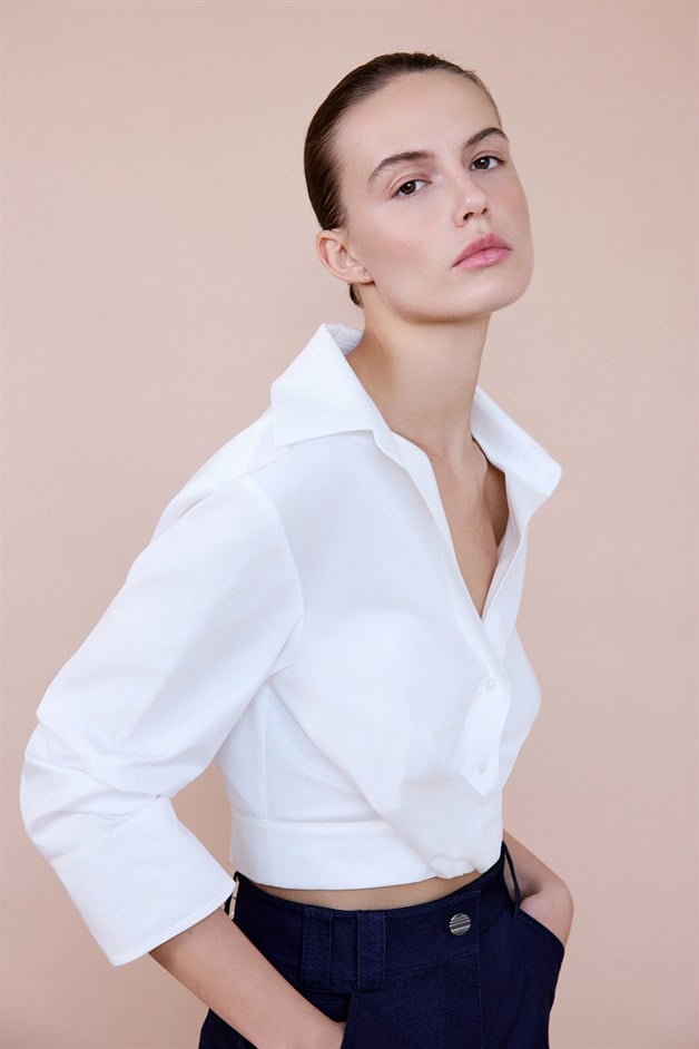 Wrap Collar Poplin Crop Ecru Shirt