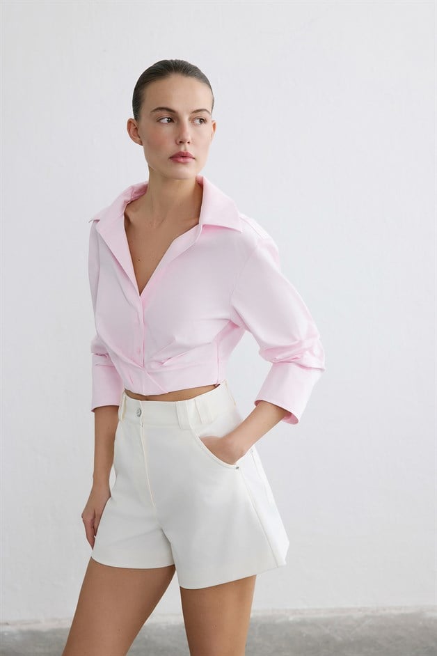 Wrap Collar Poplin Crop Pink Shirt