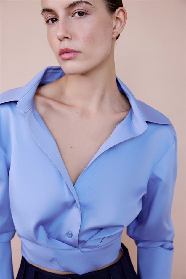 Wrap Collar Poplin Crop Blue Shirt