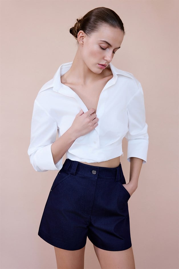 Wrap Collar Poplin Crop Ecru Shirt