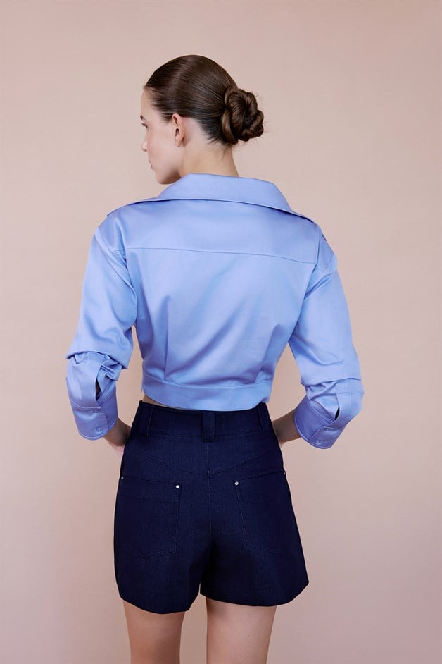 Wrap Collar Poplin Crop Blue Shirt
