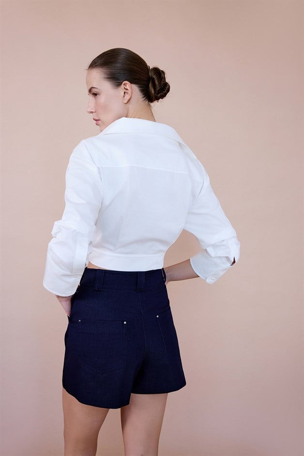 Wrap Collar Poplin Crop Ecru Shirt