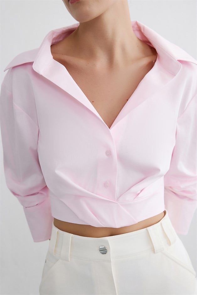 Wrap Collar Poplin Crop Pink Shirt