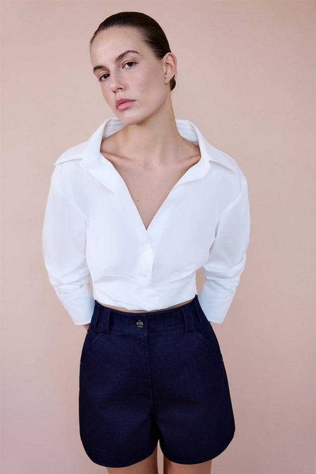 Wrap Collar Poplin Crop Ecru Shirt