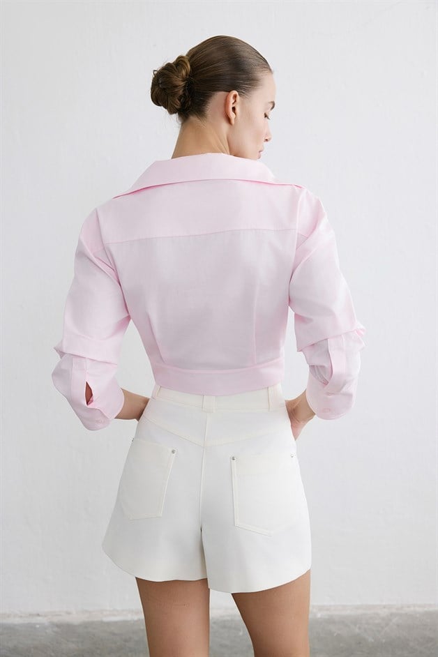 Wrap Collar Poplin Crop Pink Shirt