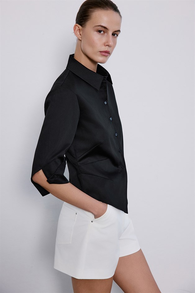 Three Quarter Sleeve Poplin Black Shirt