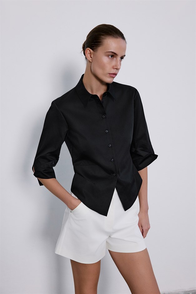 Three Quarter Sleeve Poplin Black Shirt