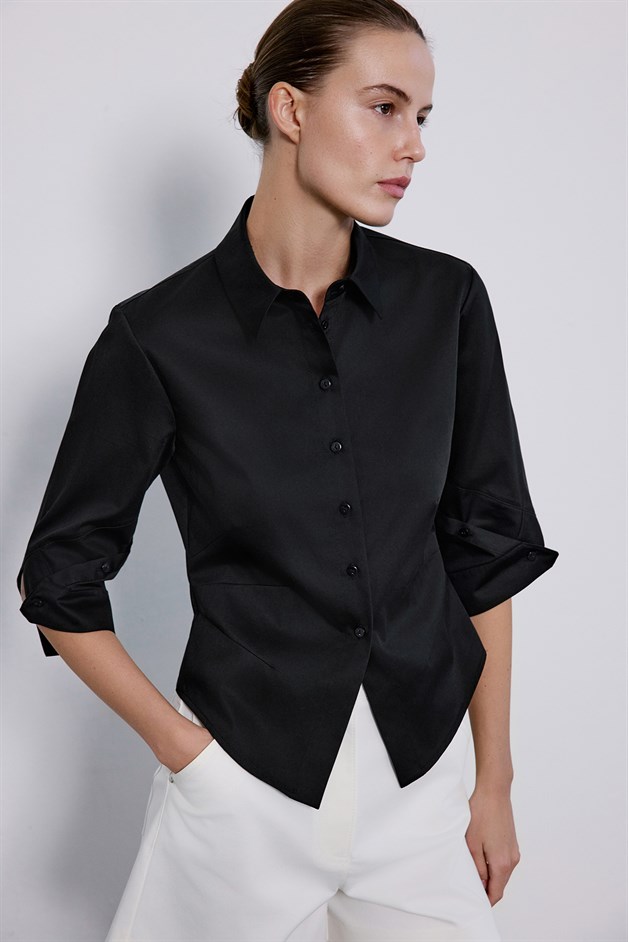 Three Quarter Sleeve Poplin Black Shirt