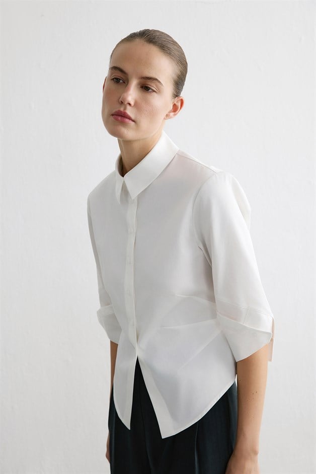 Three Quarter Sleeve Poplin Ecru Shirt