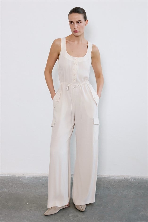 Thick Strap Wide Leg Beige Jumpsuit