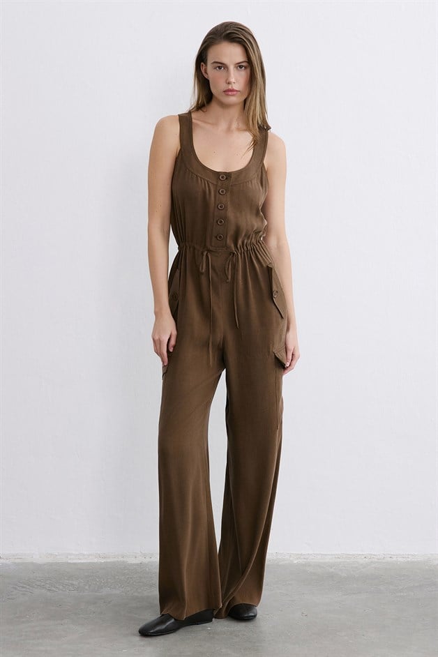 Kalın Askılı Geniş Paça Kahve Tulum