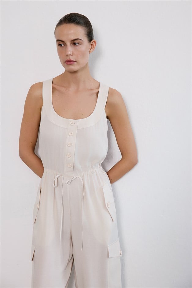 Thick Strap Wide Leg Beige Jumpsuit