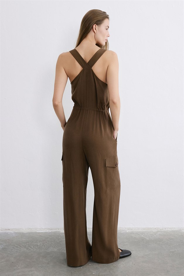 Kalın Askılı Geniş Paça Kahve Tulum