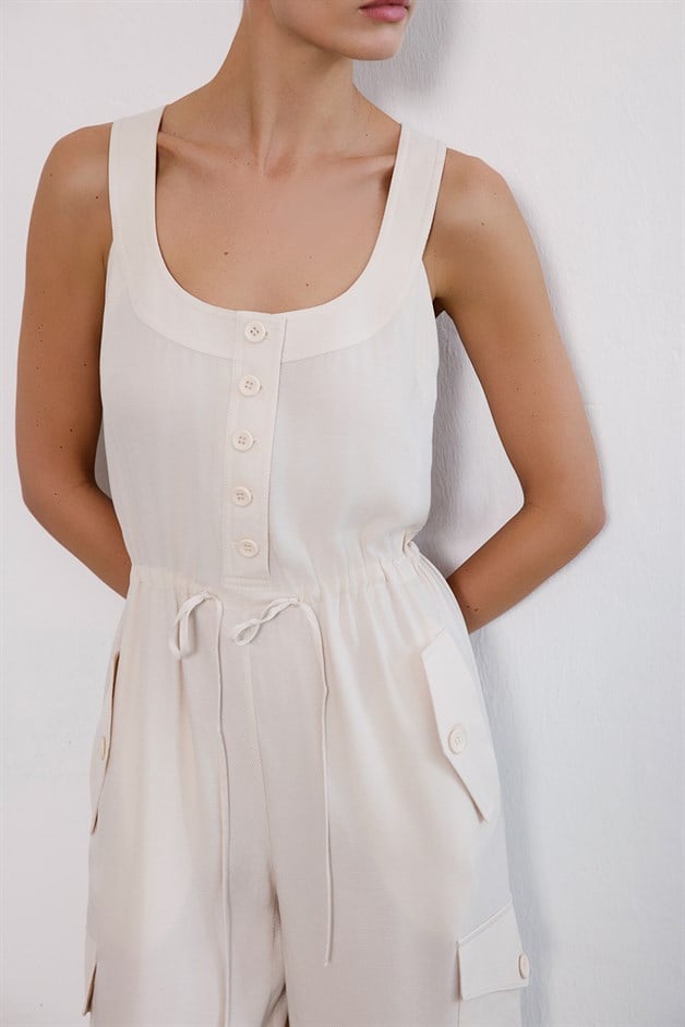 Thick Strap Wide Leg Beige Jumpsuit